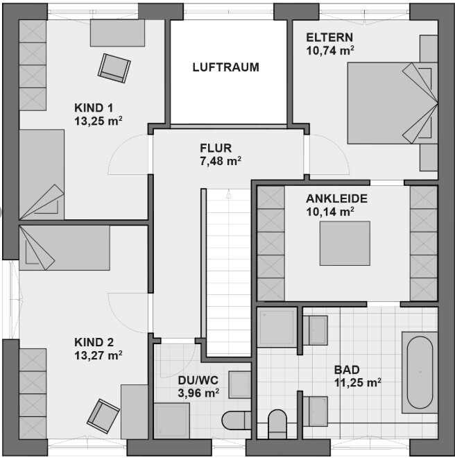 Floor plan of a house with master bedroom, children’s bedrooms, hallway, bathroom, and walk-in closet