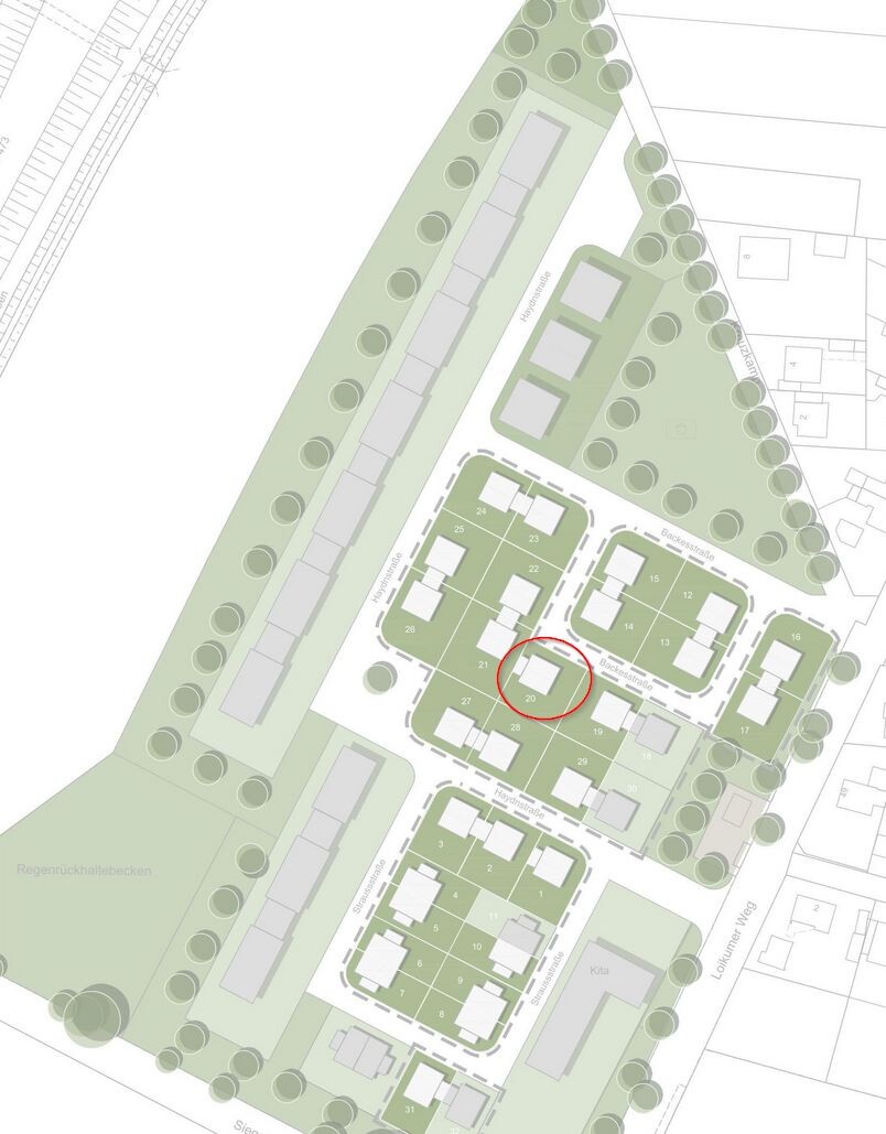 Lageplan eines Wohngebiets mit Straßen, Grünflächen und Häusern; roter Kreis markiert ein Haus