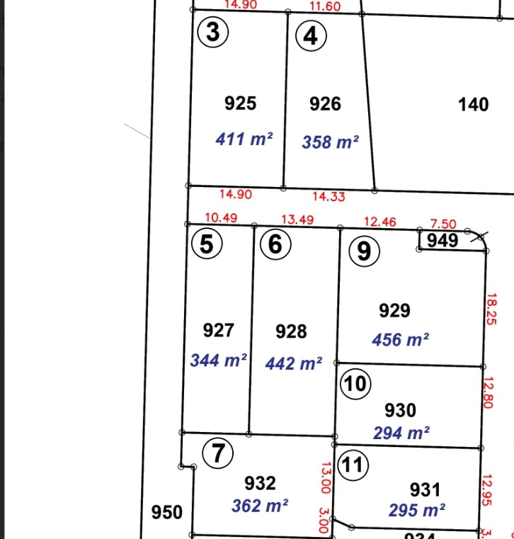 Parcel plan with numbers 3–11 and blue areas in m².