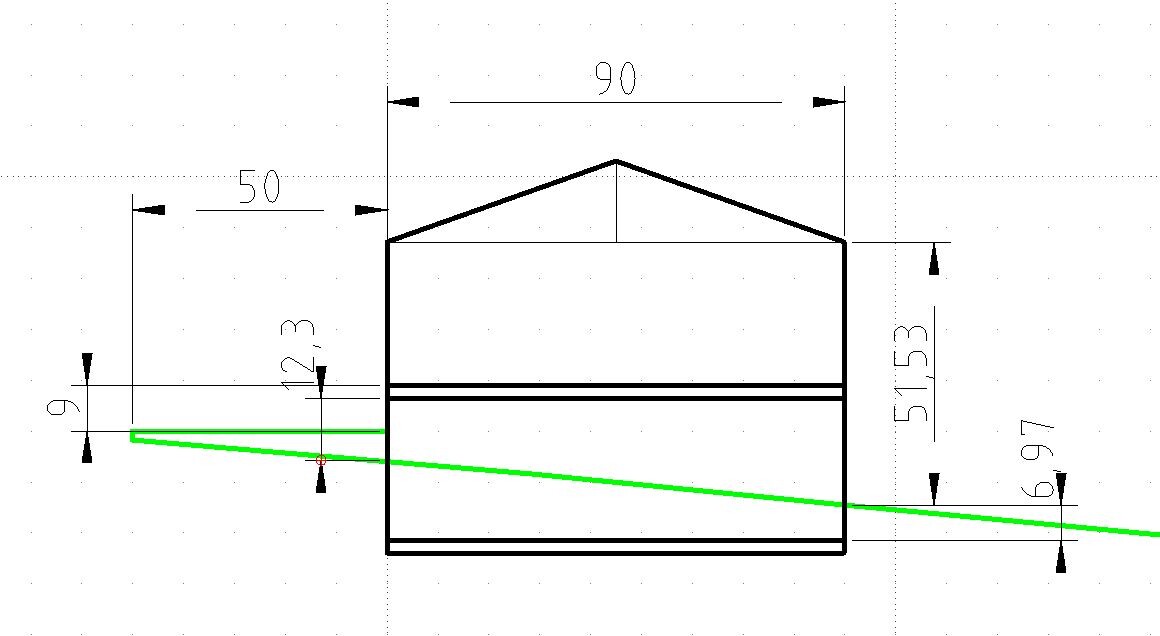 Architect’s drawing of a house front with gable roof and dimension lines