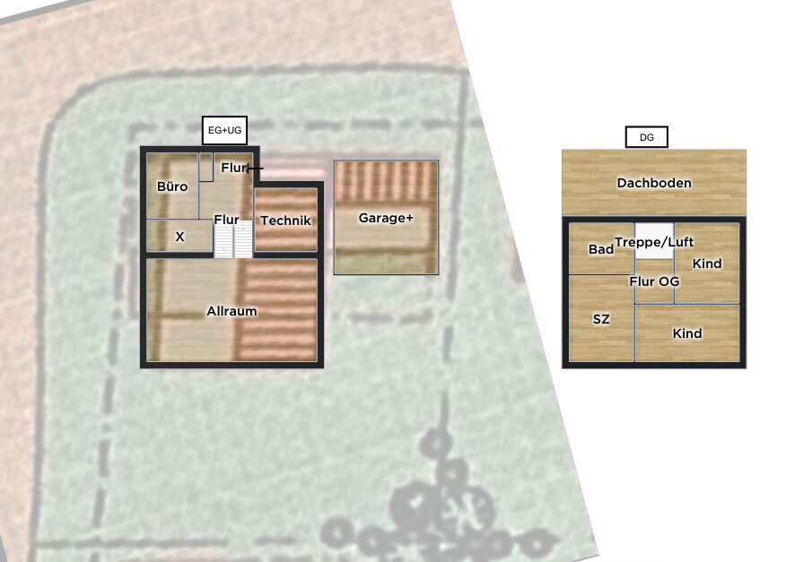 Floor plan: left ground floor + basement with office, open space, garage; right upper floor with hallway, bathroom, stairs, bedroom.