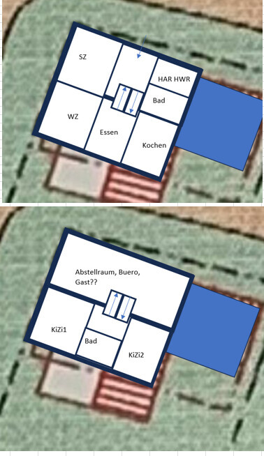 Two house floor plans: upper floor bedroom/living/dining/kitchen/bath; kids rooms 1/2, office, guest below; extension on the right.