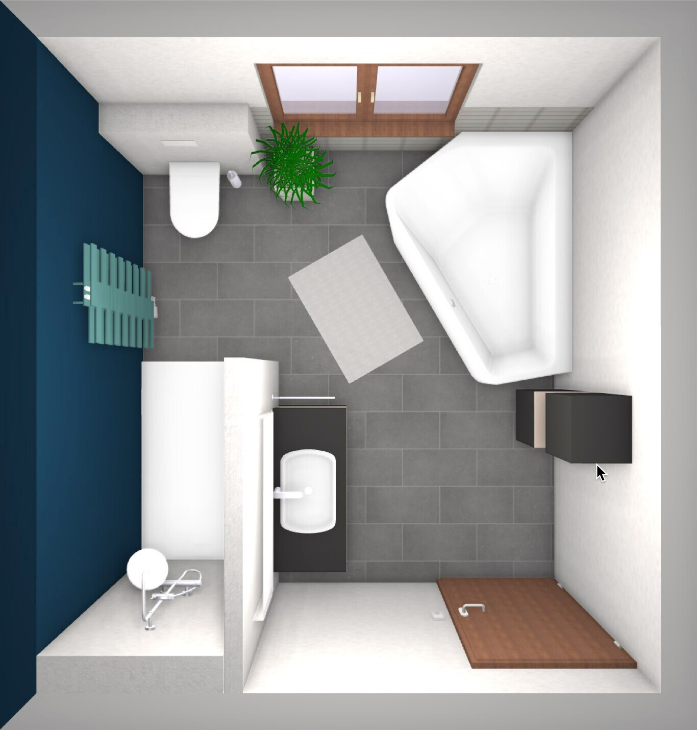 Top view of bathroom: bathtub on the right, sink on the left, toilet, shower, plant, window.