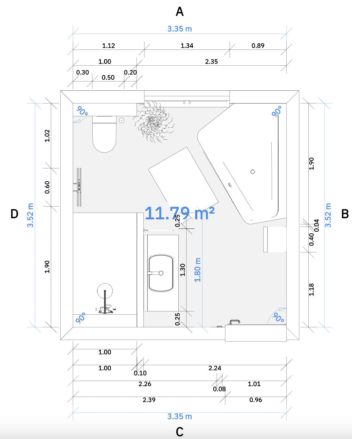 Floor plan of a bathroom with toilet, sink, bathtub, and plant; measurements.