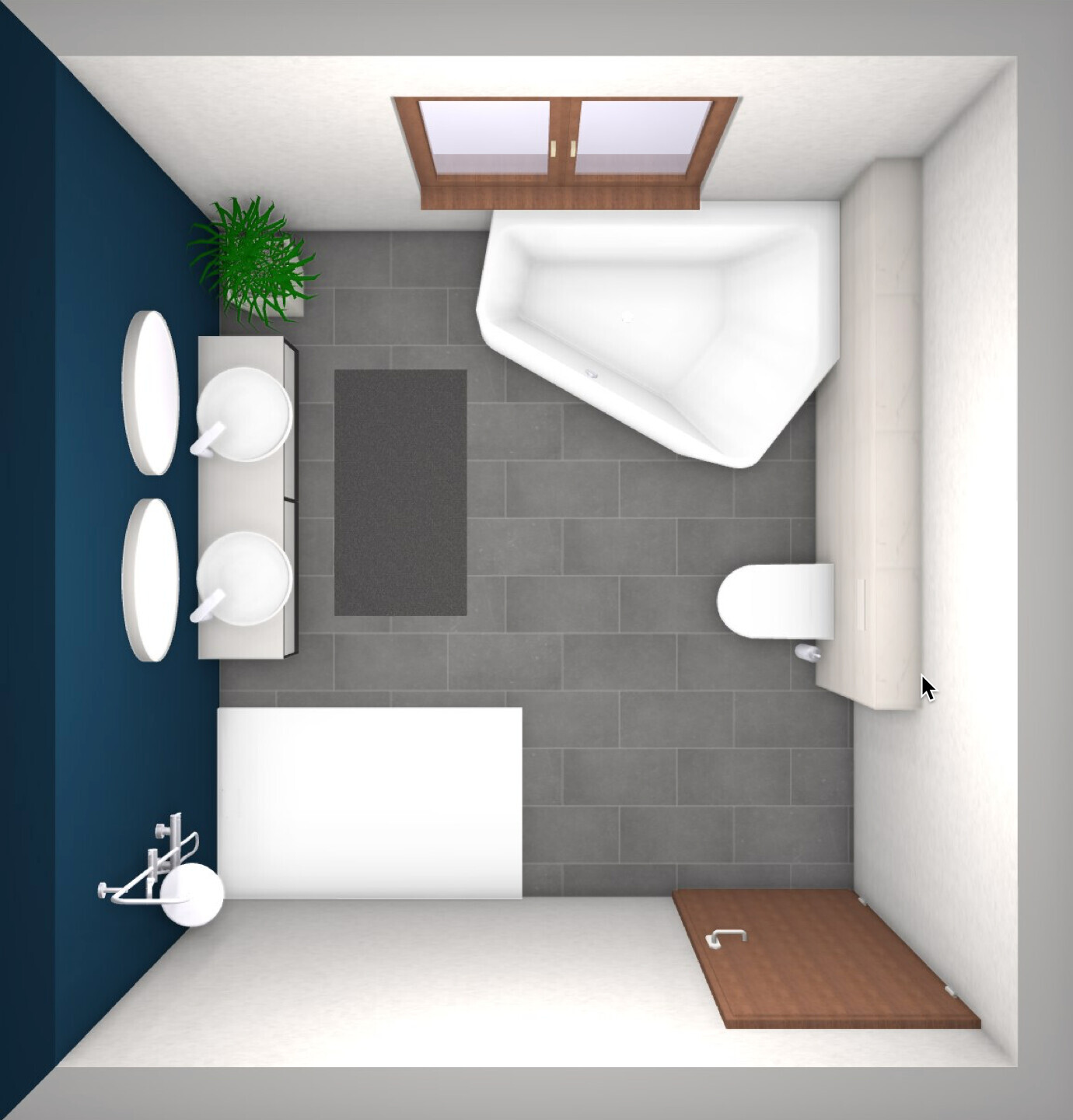 Top view of a modern bathroom: double sink, bathtub, toilet, window.