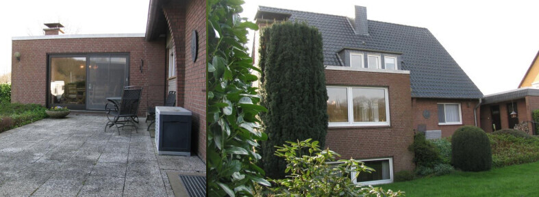 Brick house with terrace and garden furniture; green lawn and shrubs.