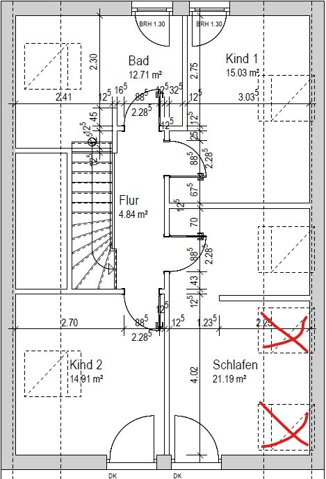 Floor plan of a residential house with hallway, bathroom, bedroom, two children's rooms and staircase.