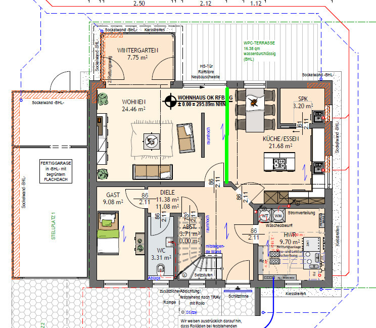 Floor plan of a house: living room, kitchen, conservatory, guest room, hallway, WC, terrace