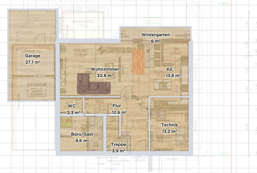 Grundriss eines Hauses mit Wohnzimmer, Küche, Flur, WC, Büro, Technik und Wintergarten.