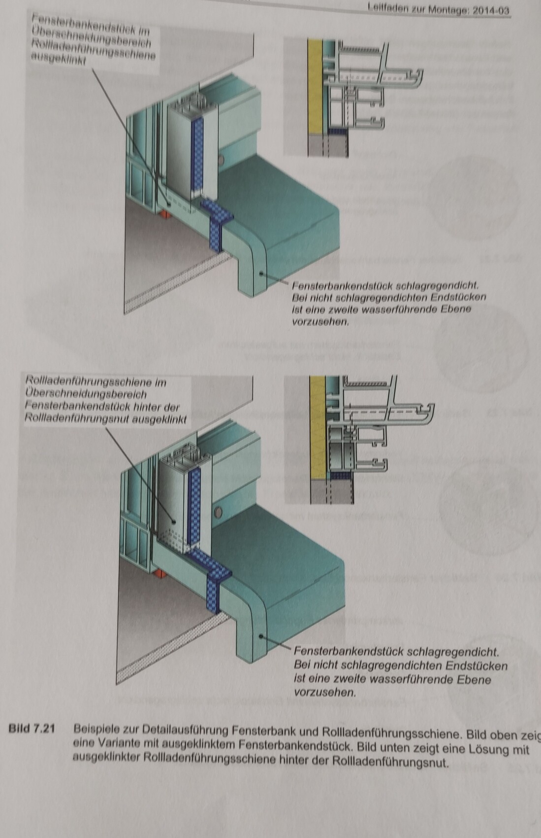 Detail view of a window frame cross-section with roller shutter guide rail and seals.