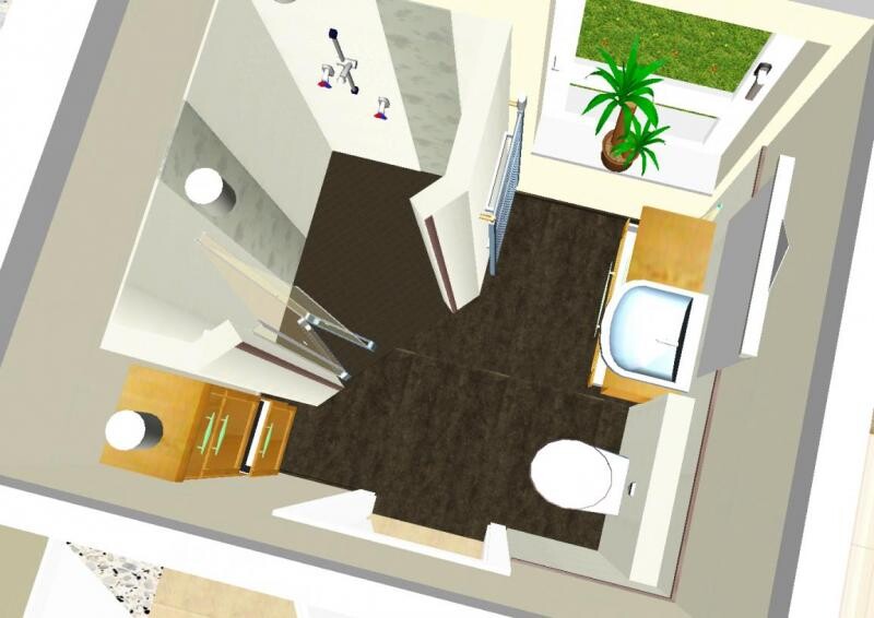 3D-Grundriss eines kleinen Badezimmers mit Dusche, Toilette, Waschbecken und Fensterpflanze