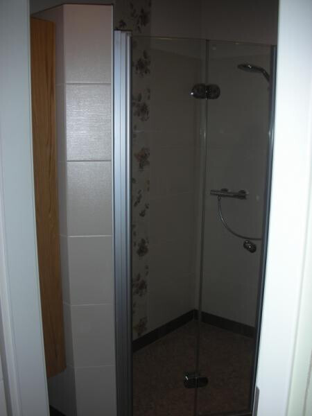 Duschkabine aus Glas im Badezimmer mit Metallrahmen, Fliesenwand dahinter.