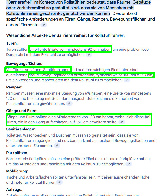 Dokument mit barrierefreien Vorgaben zu Türen, Flächen, Rampen, Gängen und Sanitäranlagen.