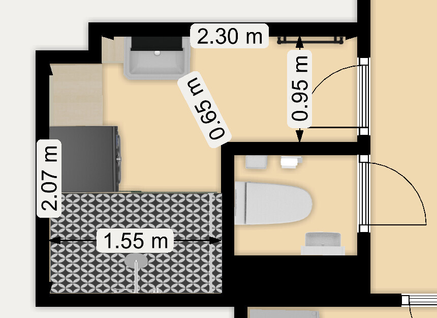 Floor plan of a small apartment: kitchen on the left, bathroom on the right, tile pattern in the shower area.