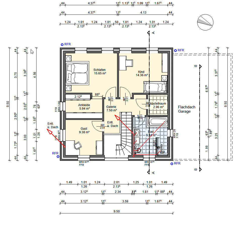 Grundriss eines Hauses: Schlafzimmer, Kind, Galerie, Bad, Abstellraum, Garage.