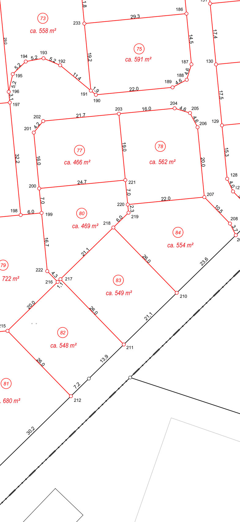 Flurkarte mit rot markierten Parzellen; Parzellen-Nr. 73,75,77,78,80,82,83,84 und Flächenangaben.