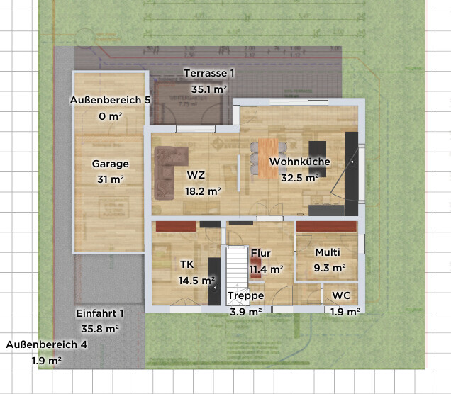 Floor plan of a house with terrace, garage, entrance, hallway, staircase, open-plan kitchen and WC.