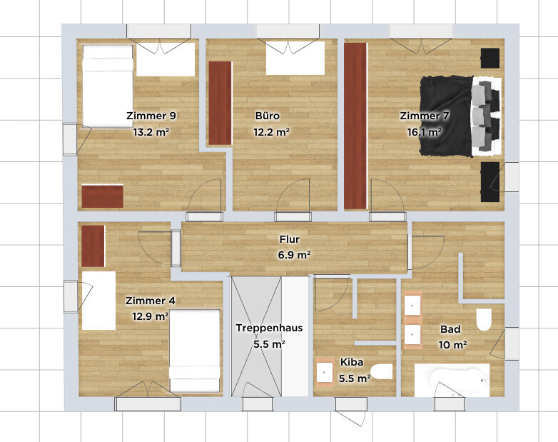 Bird’s eye view floor plan showing room 9, office, room 7, hallway, room 4, staircase, storage, bathroom.