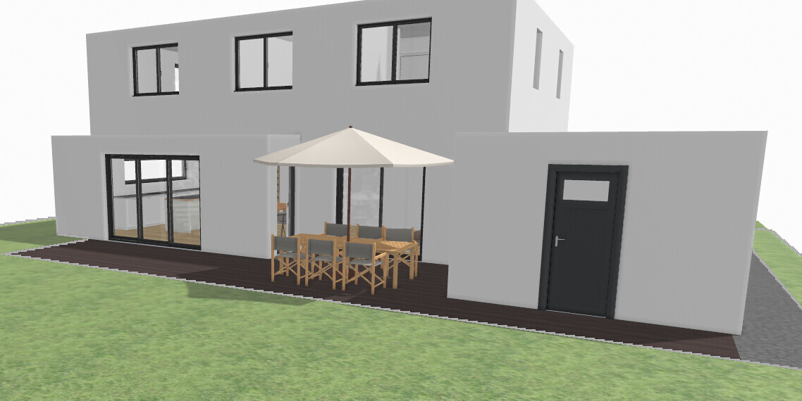 Modern gray house facade with terrace and dining table set under a sunshade.