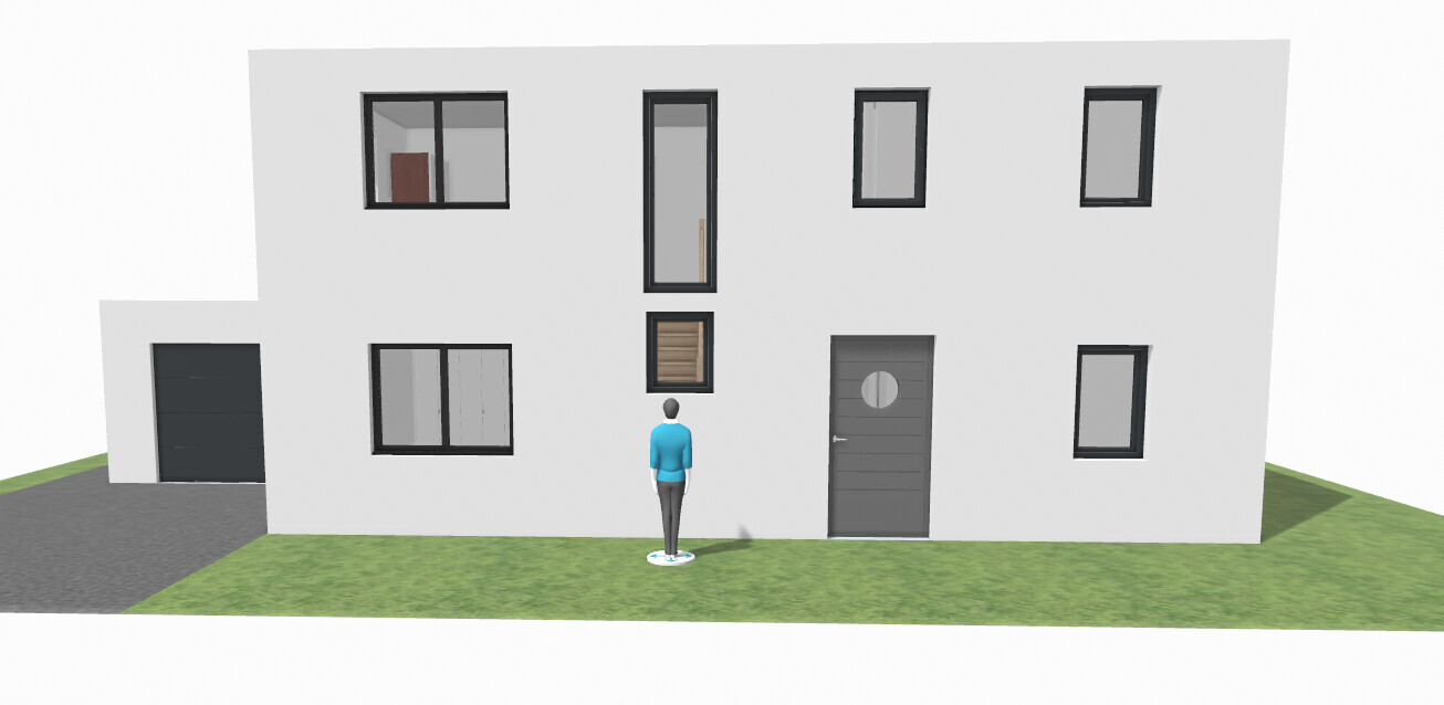Modern white house front with gray door, many windows and garage; person standing in front.