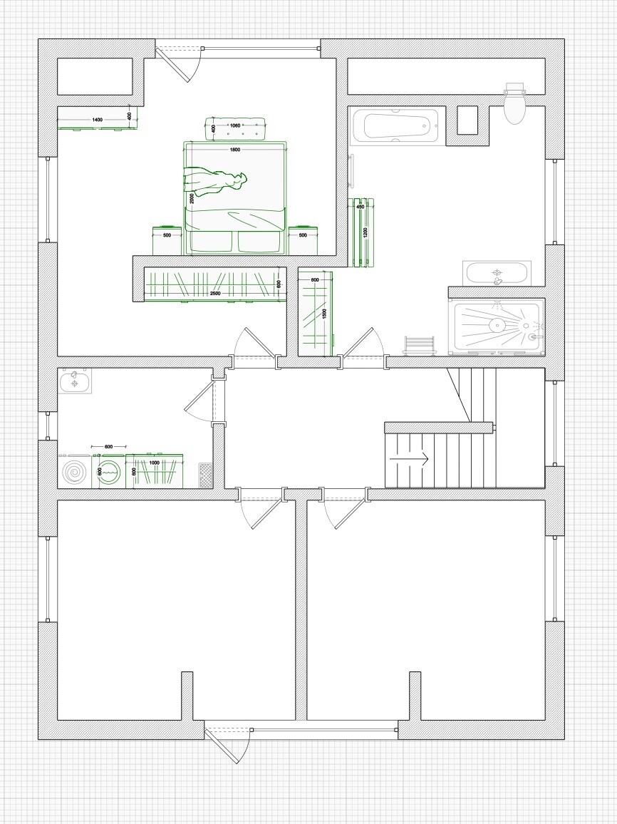 Grundriss eines Hauses: Schlafzimmer, Bad (Wanne, Dusche), Treppe und zwei große Räume.
