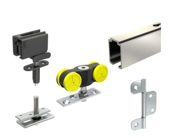 Various metal fittings, rail, and roller holder for mounting.