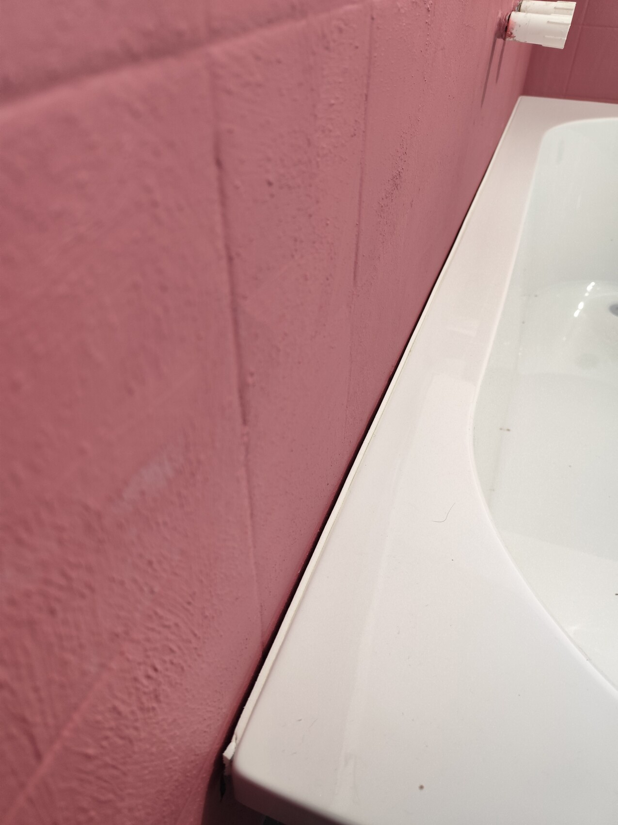 Pink bathroom wall next to white bathtub; faucet visible top right.