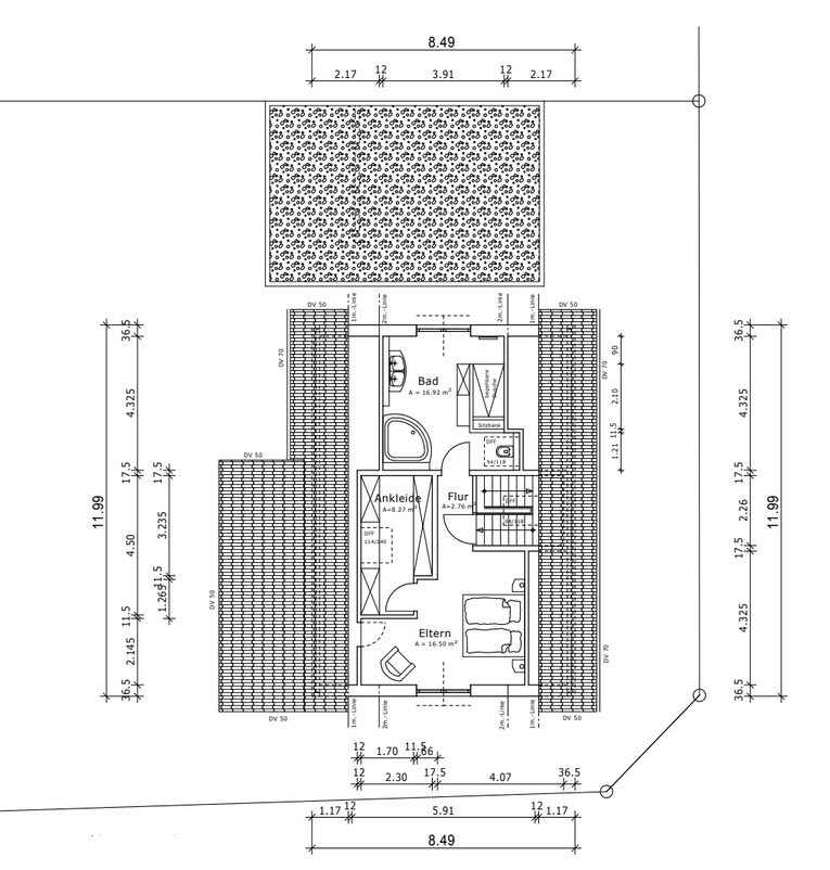 2D floor plan of a house with bathroom, master bedroom, dressing room and hallway, surrounding terrace area