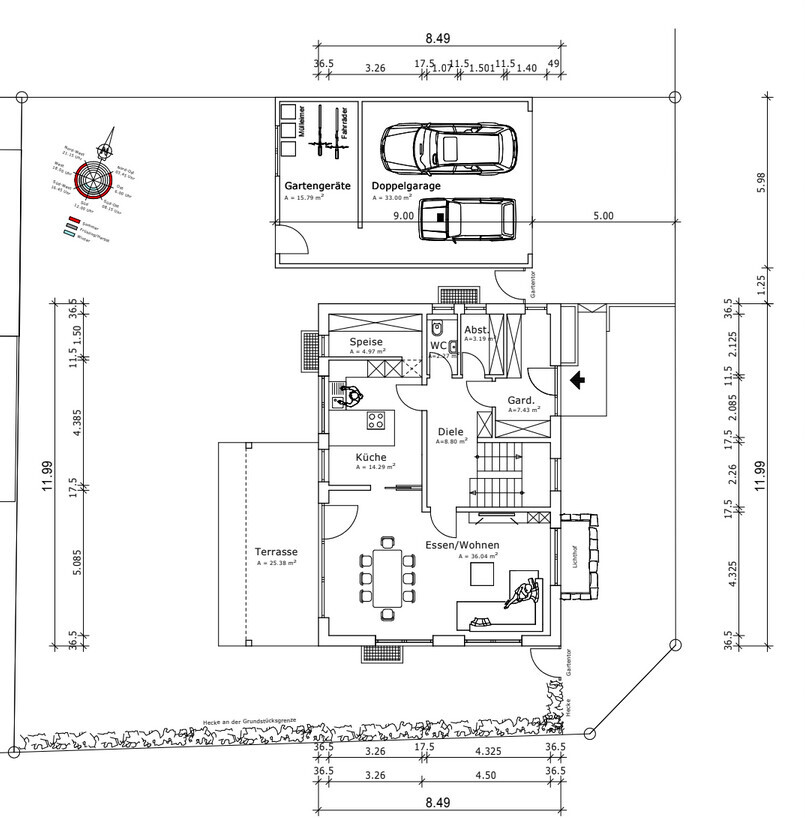 Floor plan of a house with double garage, terrace, kitchen, dining/living area, and cloakroom.