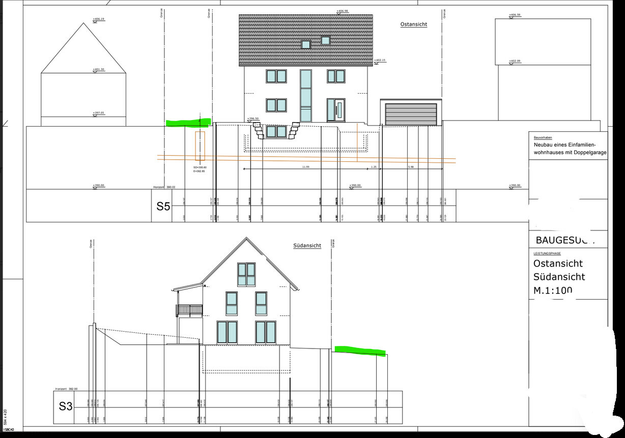East and south view of a single-family house with garage; architectural drawing, scale 1:100.