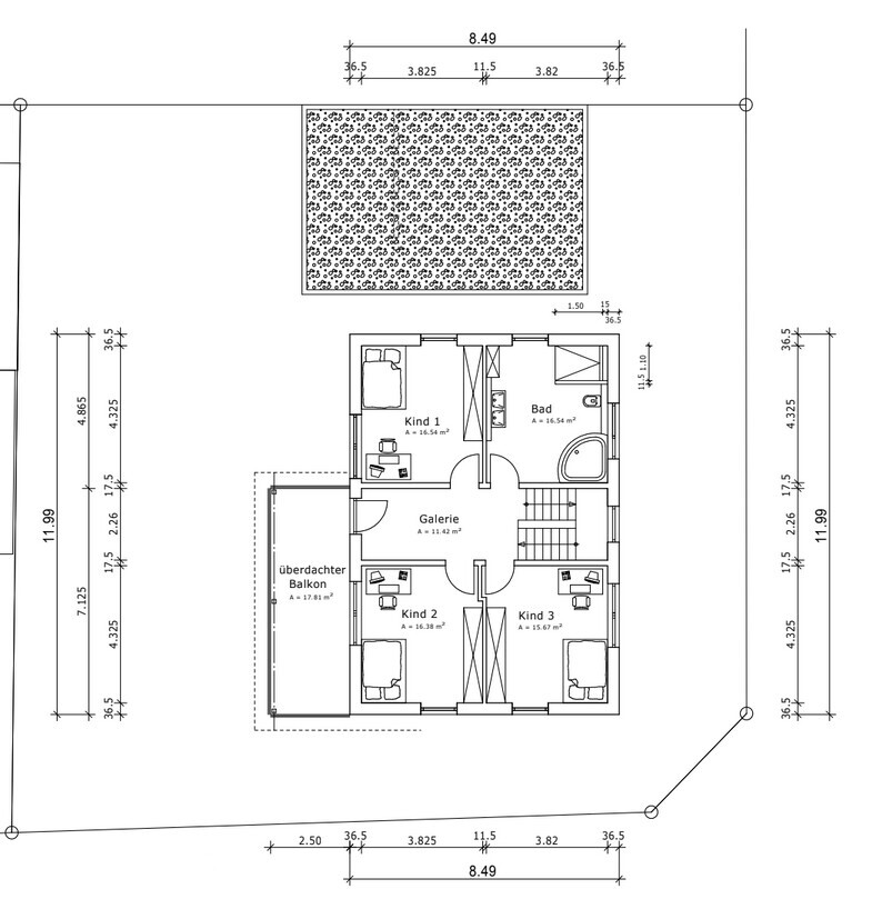 Floor plan of a house with three children’s rooms, bathroom, gallery, covered balcony and outdoor area.
