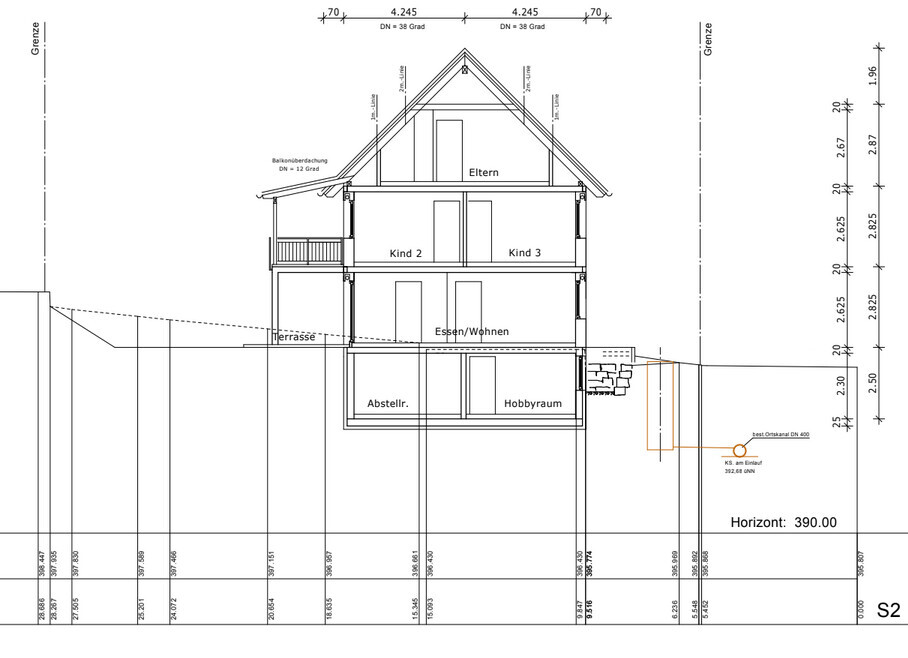 Section through three-story house with parents, child 2, child 3, dining/living, hobby room and terrace