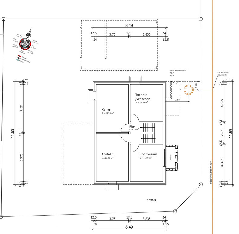Basement floor plan: cellar, technical/laundry room, hallway, storage, hobby room.