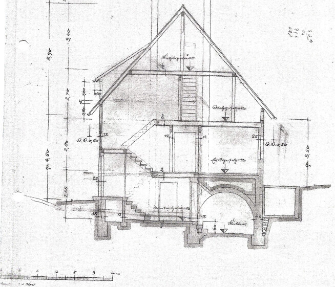 Cross-section through a multi-story house with stairs, floors, basement, and roof structure