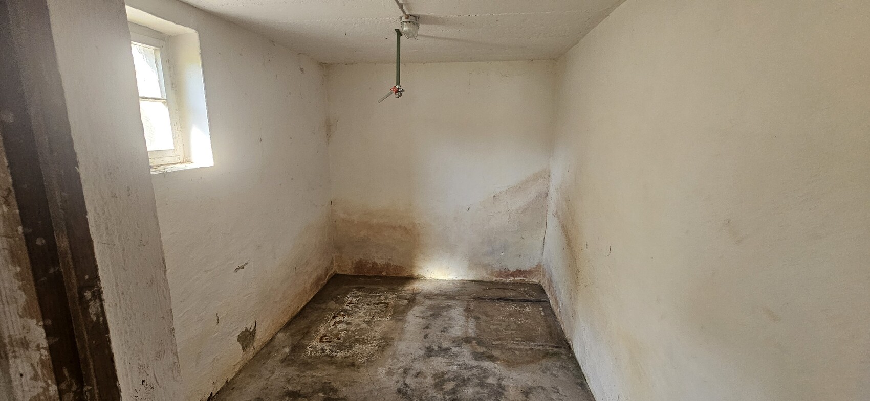 Small vacant basement room with damp spots on floor and walls; window on the left