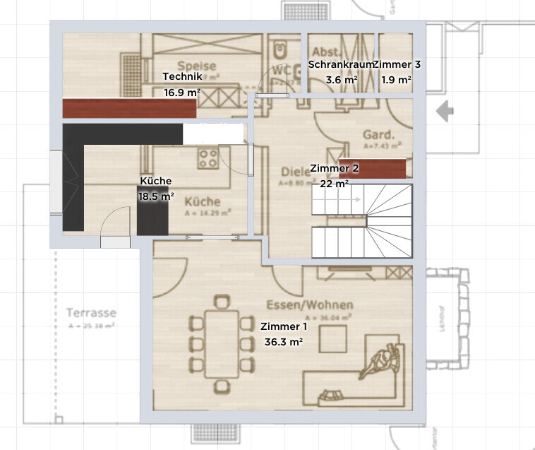 Floor plan of a house: kitchen on the left, dining area and open living room below