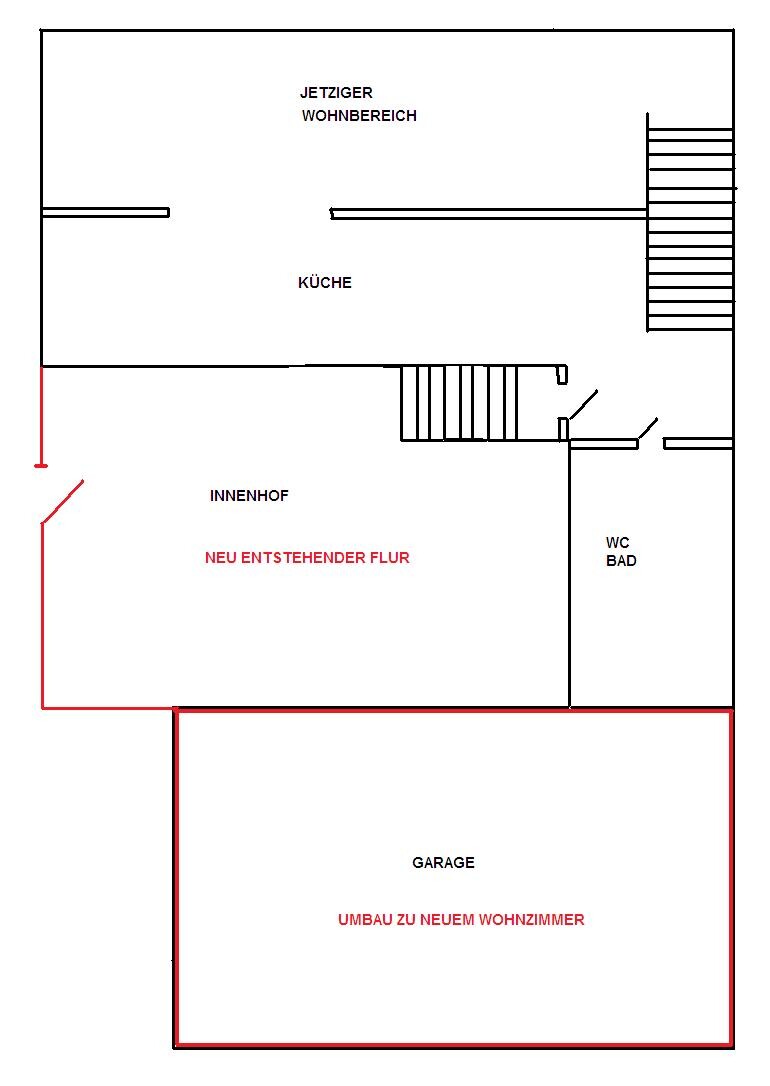 Grundriss eines Hauses mit Küche, Innenhof, neuem Flur, WC, Garage, Umbau zum Wohnzimmer.
