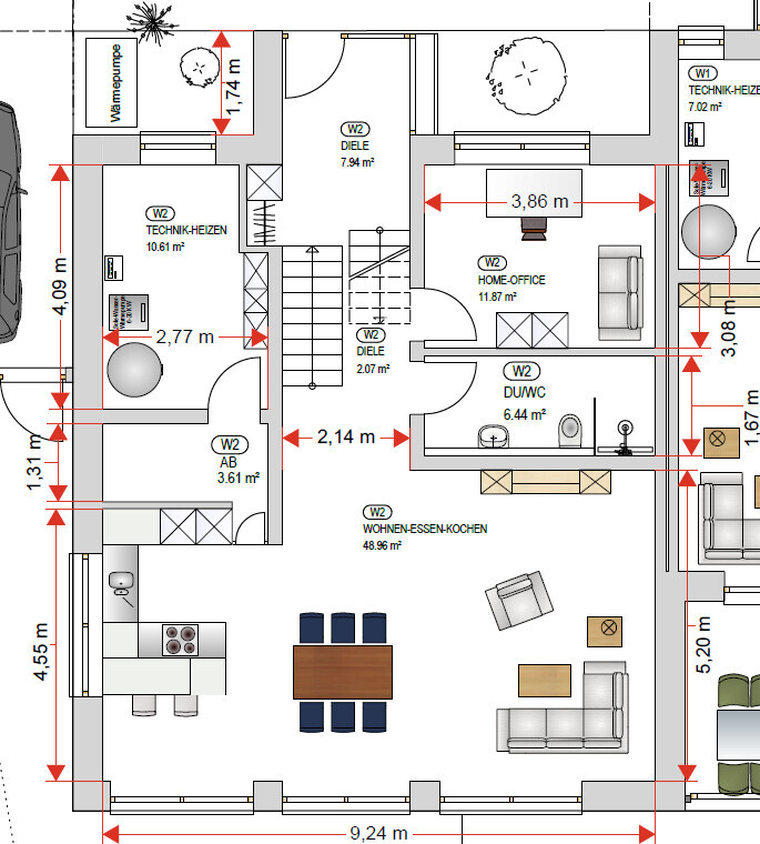 Floor plan of an open living and dining area with kitchen, hall, and bathroom.