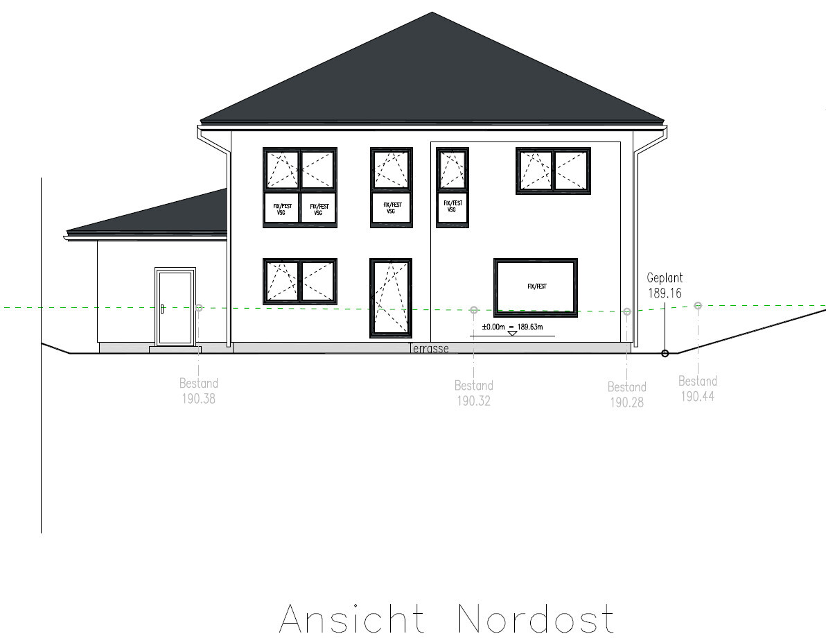 Northeast view of a two-story house with terrace, windows, and door