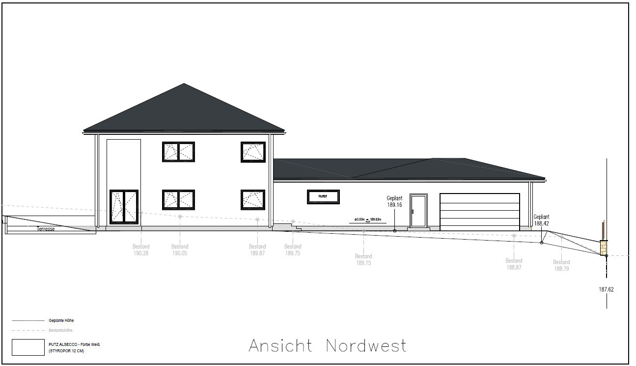 Northwest view of a residential building with two floors on the left, garage extension on the right, terrace visible.
