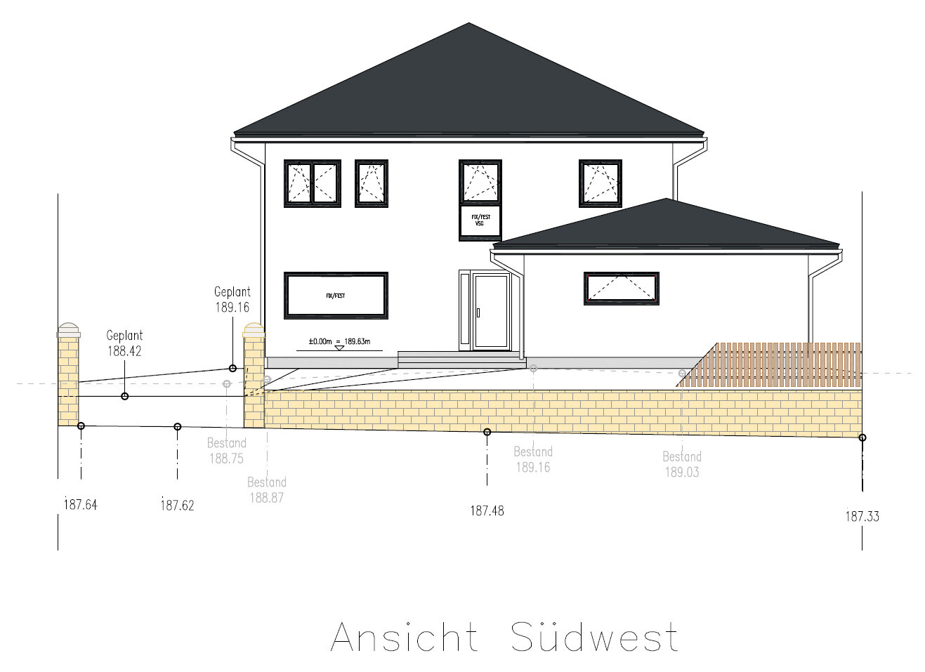 Southwest view of a two-story house with entrance, windows, and brick wall.