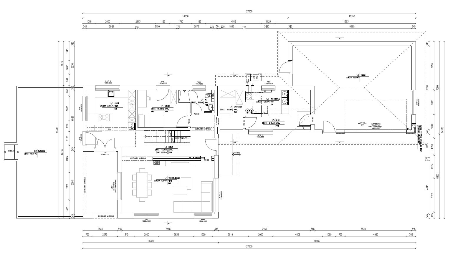 Floor plan of a house with living room, kitchen, dining area, bedrooms, bathroom, stairs, and garage.