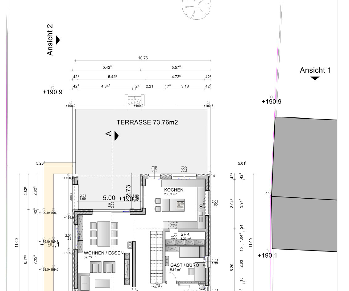 Floor plan of a house: terrace, LIVING/DINING, COOKING, GUEST/OFFICE