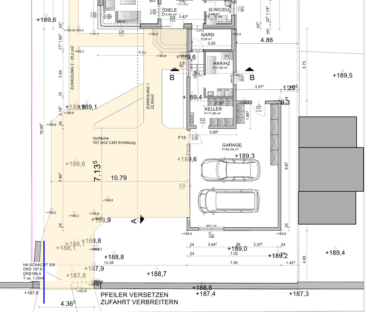 Floor plan of a building with garage for two cars, basement, and driveway.