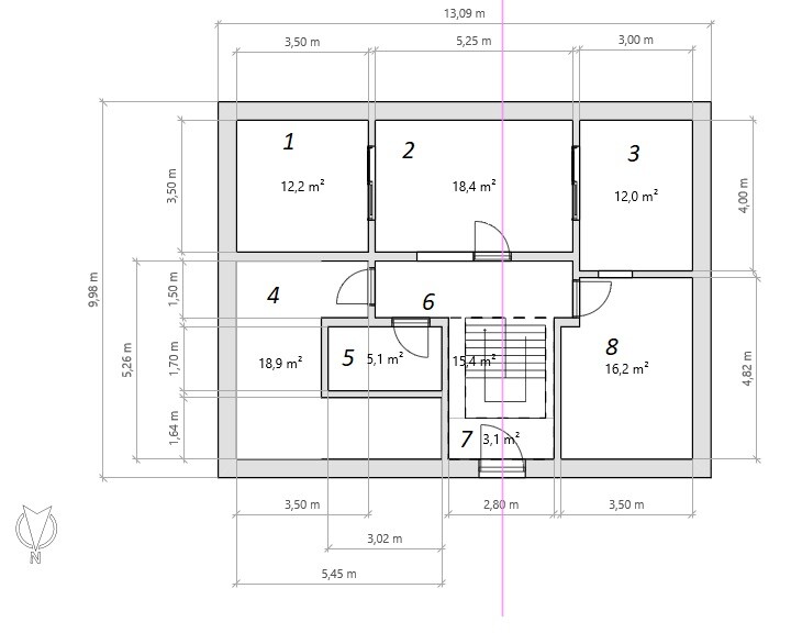 2D floor plan of a house with eight rooms, dimensions, and stairs