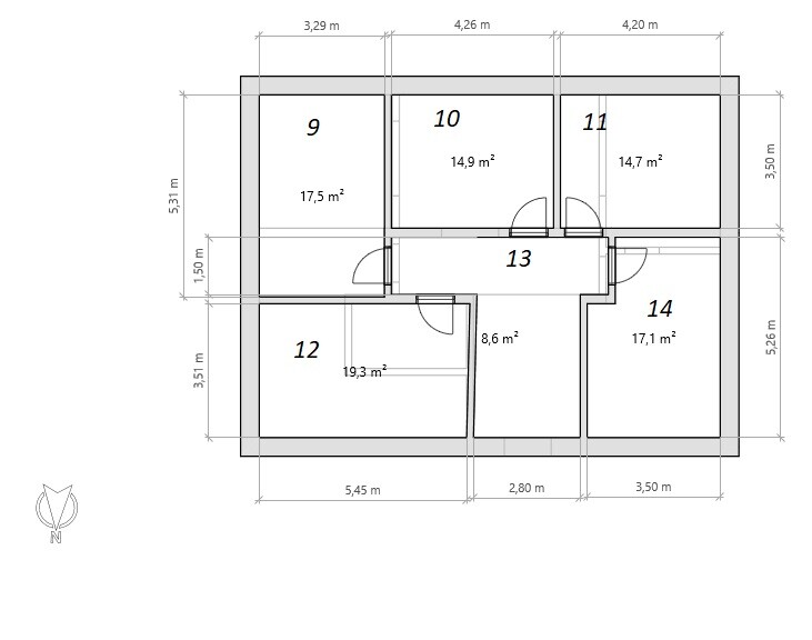 Floor plan of a house with six rooms (No. 9-14) and area indications in sqm