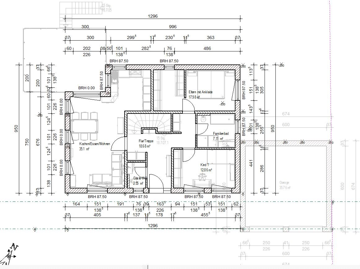 Floor plan of a house: kitchen, living/dining, hallway, stairs, master/children’s bedroom, bathroom, garage.