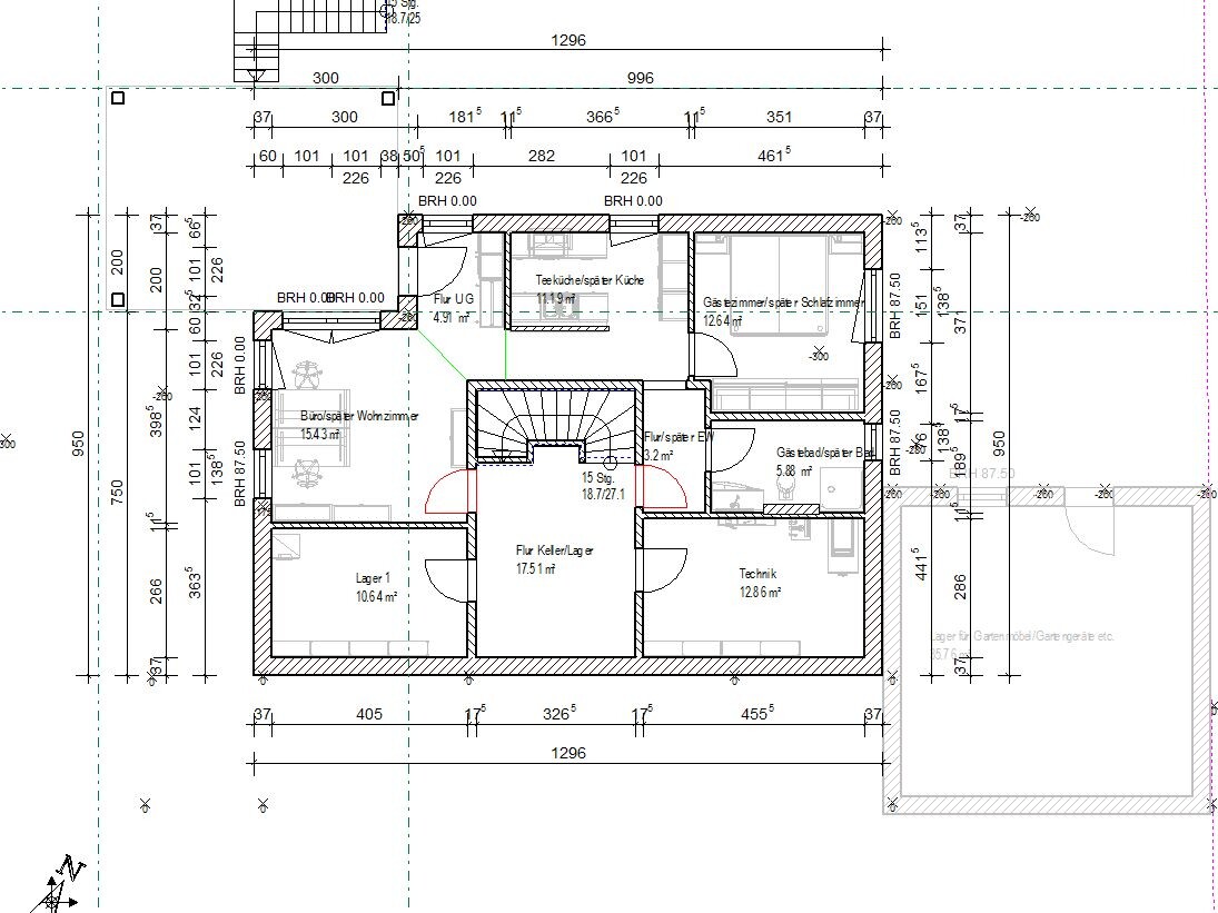 Floor plan of a building section: living room, kitchen, storage, technical room, hallways and stairs.