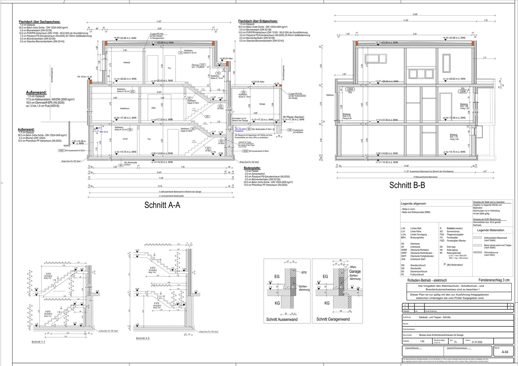 Technischer Bauplan eines Hauses: Grundriss und Schnitte A-A, B-B mit Legende.