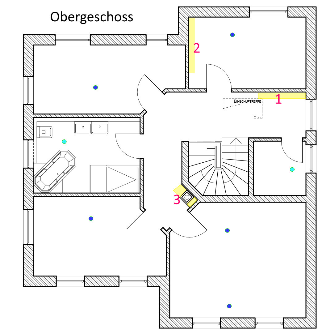Upper floor plan: Staircase, corridor, bathroom, additional rooms; markings 1–3